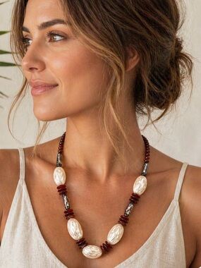 Vintage Abalone Mother of Pearl Agate Necklace Tribal Beach Artisan coastal chic